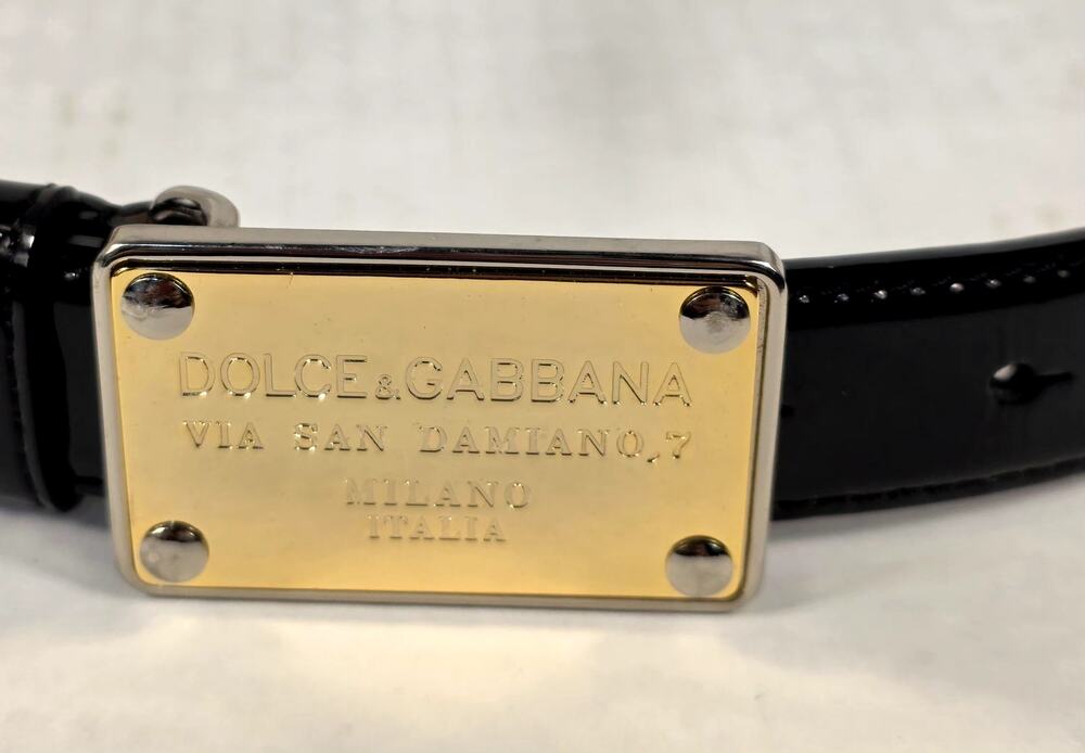 Dolce & Gabbana Black Patent Leather Belt Gold Logo Plaque Milano Italia Size 34